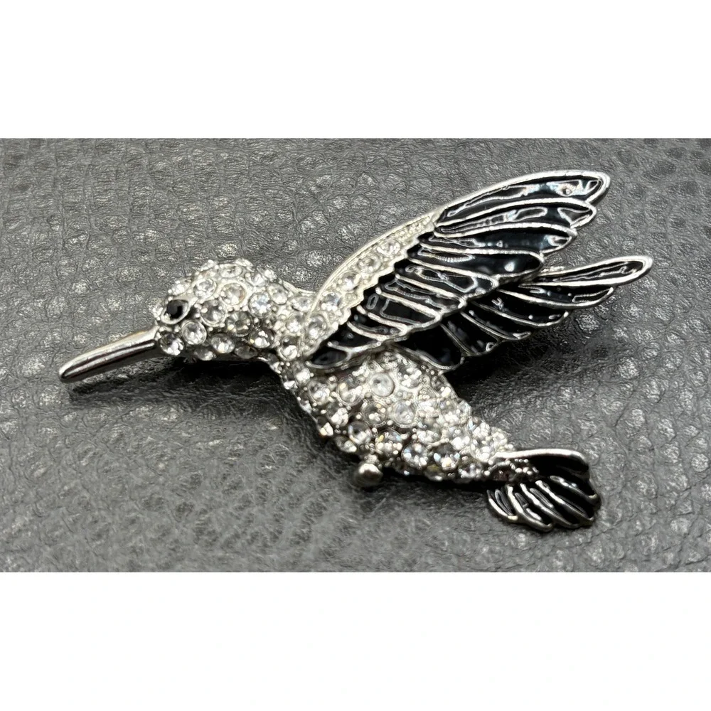 Robert Morris Silver Tone Hummingbird Brooch Crystal Rhinestone Black Enamel Pin
